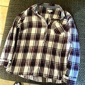 Long sleeve, flannel, pullover woman’s top.